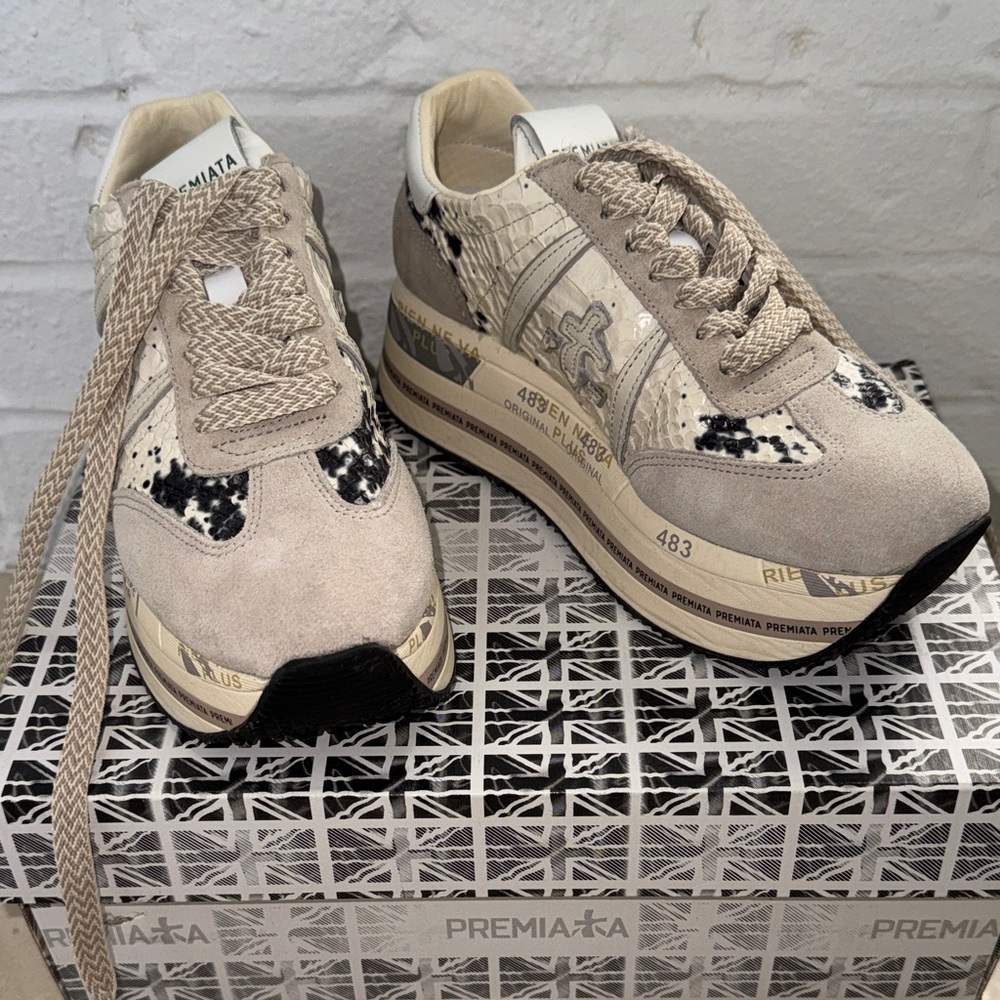 PREMIATA 6497 Cream & Black Snakeskin and Suede Platform Sneakers